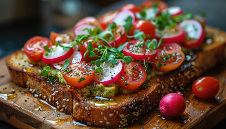 Vegetarian bruschetta with tomato, radish and arugulaの素材