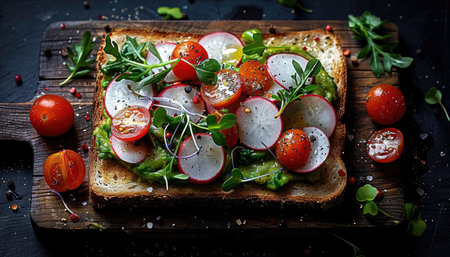 Healthy vegetarian sandwich with avocado, radish, tomatoes and microgreens on black background.の素材
