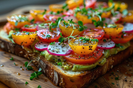 bruschetta with avocado, tomato, radish and herbsの素材
