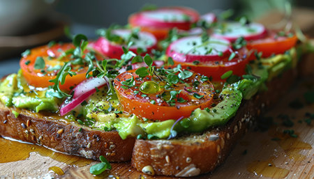 Avocado toasts with tomato, onion and microgreens.の素材