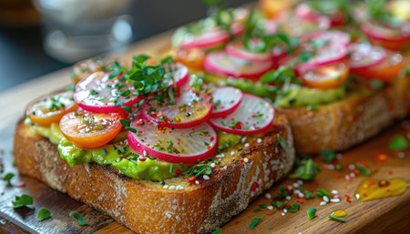 Toasts with avocado, radish and tomatoes on a wooden board.の素材