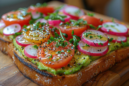 Avocado toast with tomato, radish and microgreen on wooden boardの素材
