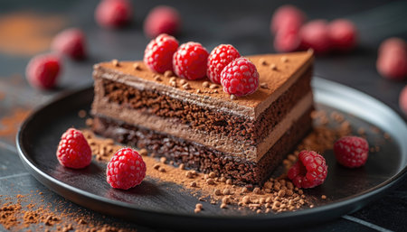 Delicious chocolate cake with raspberries on plate, closeupの素材
