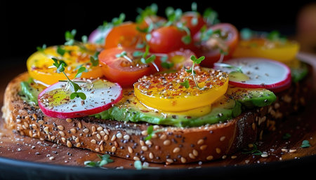 Vegetarian sandwich with avocado, radish, tomatoes and microgreensの素材