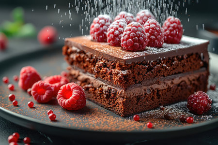 Chocolate cake with raspberries and icing sugar on a dark backgroundの素材