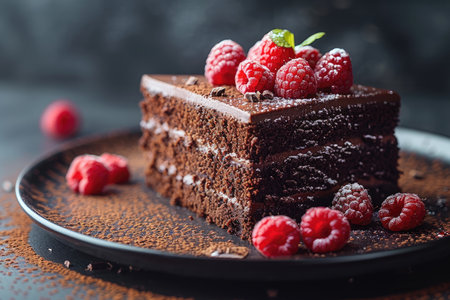 Chocolate cake with raspberries and chocolate chips on a dark backgroundの素材