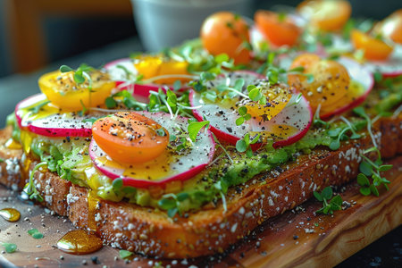 Capture the beauty of a brunch favorite with an 8K image of avocado toast topped with sliced radishes, cherry tomatoes, and a sprinkle of microgreens, served on a wooden cutting board. The toast should be perfectly toasted and garnished with a drizzle of olive oil. --ar 3:2 --stylize 1000 --v 6 Job ID: 44029076-e57a-4f49-9a83-e9af6d53bfbcの素材