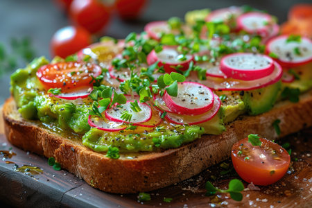 Avocado toast with radish, tomatoes and microgreens.の素材