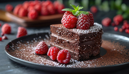 Capture the essence of indulgence with an 8K photograph of a rich and decadent chocolate truffle cake, garnished with fresh raspberries and a dusting of cocoa powder. The cake should be presented on a sleek black plate for a sophisticated look. --ar 7:4 --stylize 750 --v 6 Job ID: 771aacf0-5f9d-4e31-9955-2f53e8d7b823の素材