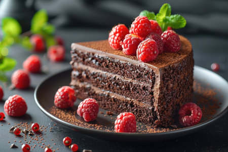 Capture the essence of indulgence with an 8K photograph of a rich and decadent chocolate truffle cake, garnished with fresh raspberries and a dusting of cocoa powder. The cake should be presented on a sleek black plate for a sophisticated look. --ar 3:2 --stylize 1000 --v 6 Job ID: 63dc74dd-a81f-4673-92a9-ac54cd1bb6ebの素材