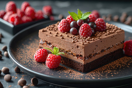 Capture the essence of indulgence with an 8K photograph of a rich and decadent chocolate truffle cake, garnished with fresh raspberries and a dusting of cocoa powder. The cake should be presented on a sleek black plate for a sophisticated look. --ar 3:2 --stylize 1000 --v 6 Job ID: 5288e33d-ab84-469a-b86d-f4a6062018a5の素材