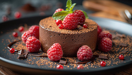 Capture the essence of indulgence with an 8K photograph of a rich and decadent chocolate truffle cake, garnished with fresh raspberries and a dusting of cocoa powder. The cake should be presented on a sleek black plate for a sophisticated look. --ar 7:4 --stylize 750 --v 6 Job ID: 1a4d003a-c600-4918-8a68-3beed7231618の素材
