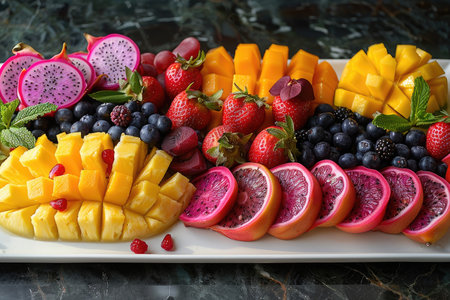 Produce an appetizing 8K photograph of a colorful tropical fruit platter with a variety of fruits such as pineapple, mango, papaya, and dragon fruit, beautifully arranged on a white serving tray. The fruits should be ripe and juicy, enticing viewers with their vibrant colors. --ar 3:2 --stylize 1000 --v 6 Job ID: b6a2aea2-97cf-4f52-abdb-f7636a14bed5の素材