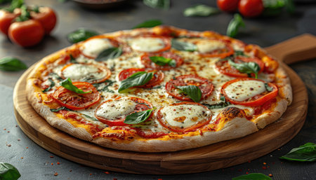 Produce an appetizing 8K image of a classic margherita pizza with a thin and crispy crust, topped with fresh mozzarella, basil leaves, and juicy tomato slices. The pizza should be photographed on a wooden pizza peel to evoke the traditional pizzeria experience. --ar 7:4 --stylize 750 --v 6 Job ID: a1d48449-b46a-4bc5-a84f-dfe54fd0f042の素材