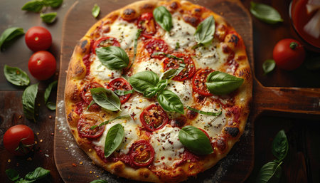 Pizza with mozzarella, tomatoes and basil on wooden backgroundの素材