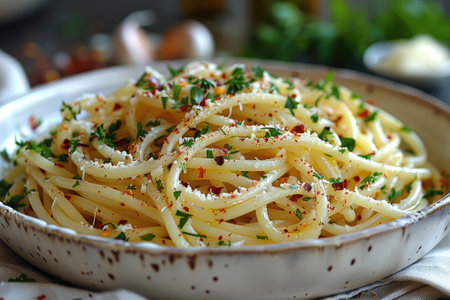 Spaghetti pasta with garlic, herbs and parmesan on a plateの素材