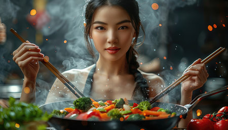 Create an inviting 8K photograph of a colorful vegetable stir-fry with an array of vibrant vegetables, such as bell peppers, carrots, broccoli, and snap peas, sizzling in a wok. The stir-fry should be presented on a white plate with chopsticks for an authentic touch. --ar 7:4 --stylize 750 --v 6 Job ID: e7a574f1-9aec-4b15-974e-b4a80cdbdcd6の素材