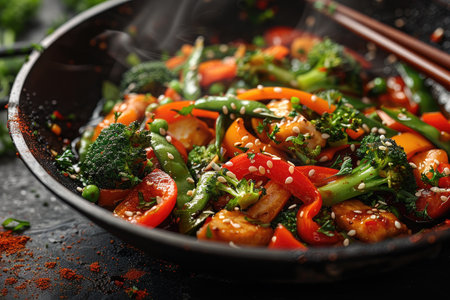 Create an inviting 8K photograph of a colorful vegetable stir-fry with an array of vibrant vegetables, such as bell peppers, carrots, broccoli, and snap peas, sizzling in a wok. The stir-fry should be presented on a white plate with chopsticks for an authentic touch. --ar 3:2 --stylize 1000 --v 6 Job ID: c399fd94-7f22-43c0-a990-92a86bf762bbの素材