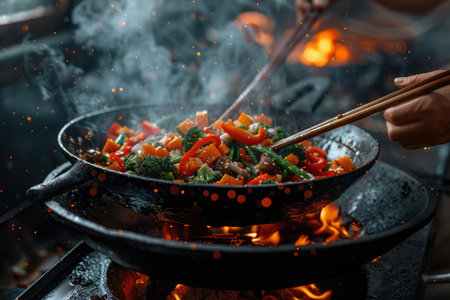 Create an inviting 8K photograph of a colorful vegetable stir-fry with an array of vibrant vegetables, such as bell peppers, carrots, broccoli, and snap peas, sizzling in a wok. The stir-fry should be presented on a white plate with chopsticks for an authentic touch. --ar 3:2 --stylize 1000 --v 6 Job ID: c399fd94-7f22-43c0-a990-92a86bf762bbの素材