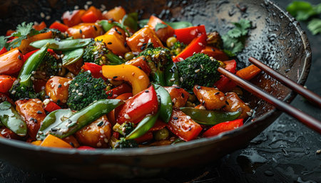 Asian cuisine. Stir fry vegetables with sesame seeds in a wokの素材