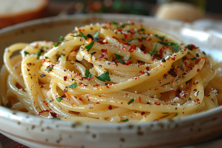 Spaghetti carbonara with herbs and spices on a plate close upの素材