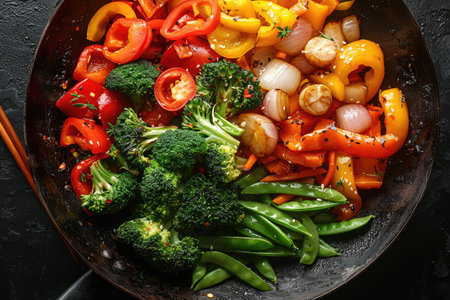 Frying pan with fresh vegetables on dark background, top view. Healthy foodの素材