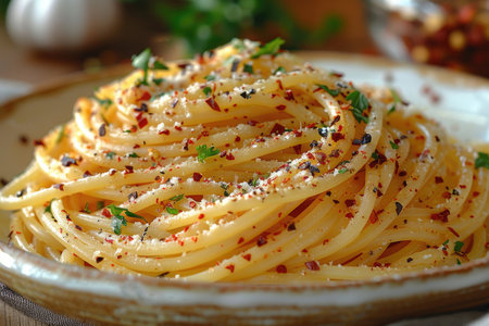 Spaghetti with garlic and parsley on a plate, close upの素材
