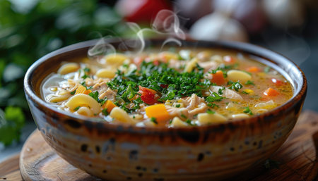 Capture the essence of comfort food with an 8K photograph of a hearty bowl of homemade chicken noodle soup, brimming with tender chicken, vegetables, and noodles, presented in a cozy soup bowl. The steam rising from the soup should evoke a sense of warmth and coziness. --ar 7:4 --stylize 1000 --v 6 Job ID: d7b818ff-f76e-455a-be54-bff9051190c9の素材