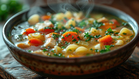 Capture the essence of comfort food with an 8K photograph of a hearty bowl of homemade chicken noodle soup, brimming with tender chicken, vegetables, and noodles, presented in a cozy soup bowl. The steam rising from the soup should evoke a sense of warmth and coziness. --ar 7:4 --stylize 1000 --v 6 Job ID: 30fe4b3f-860a-4706-bd55-fbc4e8522ab4の素材