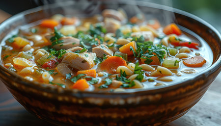 Chicken soup with vegetables and parsley in a bowl on a wooden tableの素材