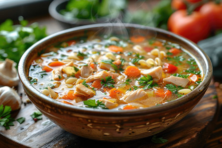 Chicken soup with vegetables and spices in a bowl on a wooden tableの素材