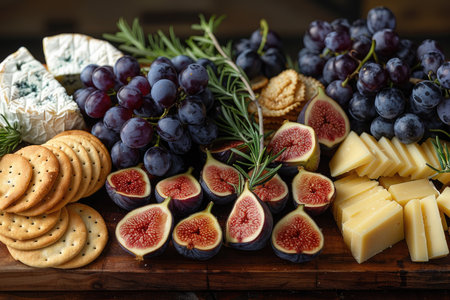 Cheese platter with grapes, figs and crackers.の素材