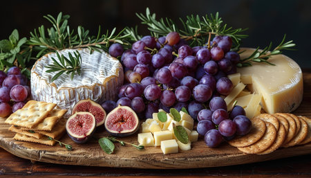 Cheese platter with grapes, figs and crackers on wooden tableの素材