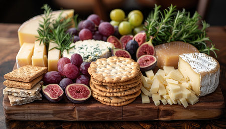 Cheese platter with grapes and crackers on a wooden backgroundの素材