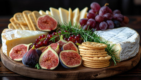 Cheese platter with figs, grapes and crackers on wooden tableの素材