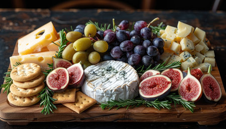 Cheese platter with figs, grapes and crackers on wooden tableの素材