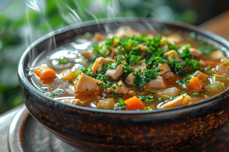 Chicken soup with vegetables and herbs in a bowl on the table.の素材