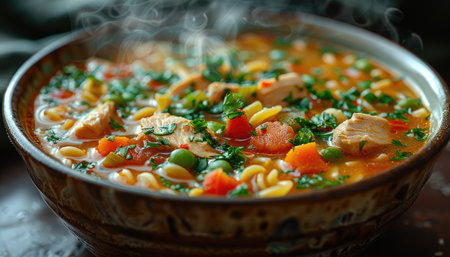Chicken soup with noodles, vegetables and herbs. Selective focus.の素材