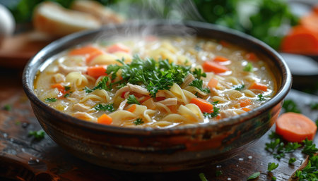 Chicken soup with noodles and vegetables in bowl on wooden table, closeupの素材