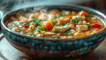 Chicken soup with chickpeas and tomatoes in a bowl on a wooden tableの素材