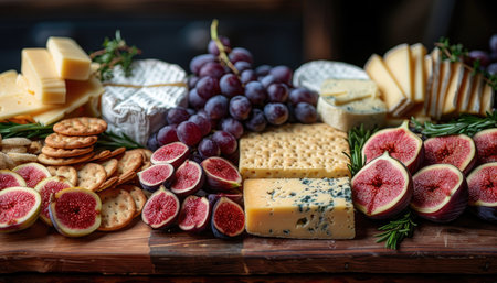Cheese platter with grapes, figs, crackers and nutsの素材