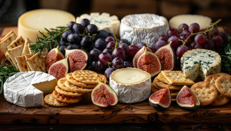 Cheese platter with crackers, figs and grapes.の素材