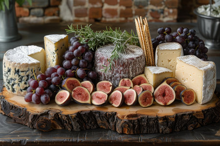 Cheese platter with grapes and figs on a wooden boardの素材