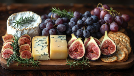 Cheese platter with grapes and figs on a wooden tableの素材
