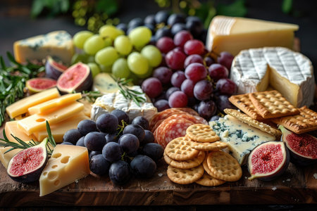 Cheese platter with grapes and crackers on a wooden tableの素材