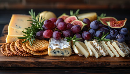 Cheese platter with grapes, nuts and crackers on wooden boardの素材