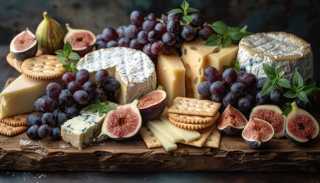 Cheese platter with grapes, crackers and figs.の素材