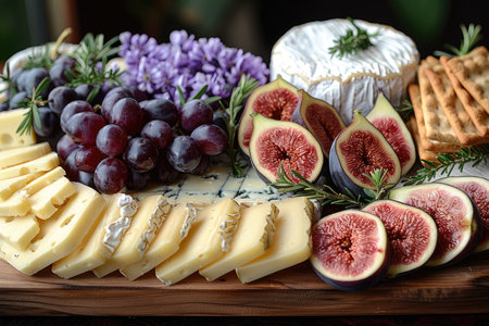 Cheese platter with figs, grapes and crackers on wooden tableの素材