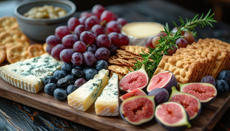 Cheese platter with figs, blue cheese and crackersの素材