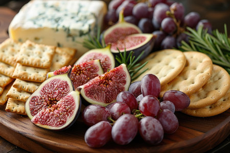Cheese plate with figs and crackers on wooden table, closeupの素材